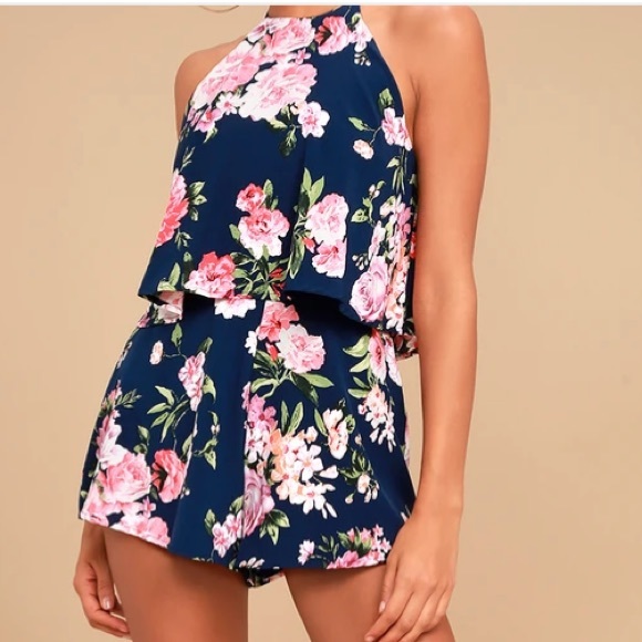 Lulus Pants - Lulus In the Garden Navy Blue Floral Print Romper